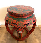Chinoiserie Red Lacquer Wood Stool Vintage Asian Hand Painted Floral