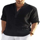 Men s Casual Cotton Linen Solid Color Long Sleeve Shirt Loose Stand Collar
