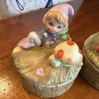 Set Of 2 Vintage Homco Pixie Elf And Mushroom Trinket Boxes