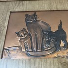 Vintage Cat Playful Kittens Copper Relief Signed Hope Framed Wall Art Mcm 1940   s