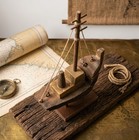 Rare Vintage Driftwood Wooden Ship Model Boat On Stand Nautical Decor
