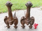 Antique 1870 s Victorian Cast Iron Fireplace Andirons Gothic Bat Winged Gargoyle