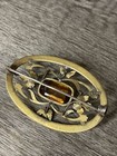 Antique Art Deco Victorian  Brooch Topaz Glass   Ornate Brass Signed