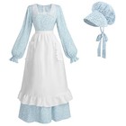  Prairie Dress Women Pioneer Colonial Costume Floral Dresses 3pcs Medium Blue-b