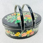 Vintage Floral Decorative Tin W Handles And Lid Black Floral Oval Container