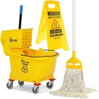 35 Quart Commercial Mop Bucket With Side Press Wringer   Wet Floor Sign - Yellow