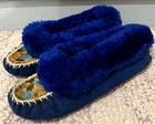 Vintage 1960s Suede Royal Blue Size 8 Fleece Lined Slippers Moccasins