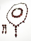 Vintage Red Rhinestone Jewelry Set Necklace Bracelet Earrings Gold Tone Parure