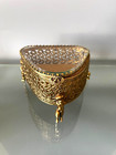Vintage Gold Tone Ormolu Beveled Glass Casket Jewelry Box Filigree Hollywood