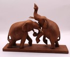 Vtg Hand Carved Statue Of Wood Elephants Playing Or Fighting W  Base 10x7 25x2 5