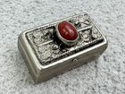 Vintage Pill Box Red Stone Cabochon Silver Tone Hand Made Small Metal Hinged Box