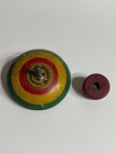 Vintage Litho Print Spinning Top Tin Toy W  Wood Spring Loaded Winder 4   works 