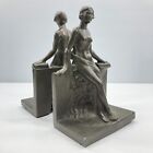 Antique 1920s Art Deco Bookend Pair Standing Nude Partly Draped Woman Cast Metal
