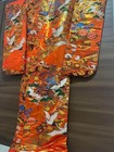 Japanese Kimono Uchikake Vintage Gorgeous Robe Crane Flower Orange Gold
