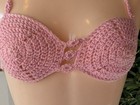 Vtg John Stratten Crochet Bikini Swimsuit Pink 1960s 70s Mod Hand Made Sz S m