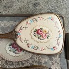 Vintage Petit Point Floral Gold Toned Dresser Set 2 Brushes Mirror Vanity Tray