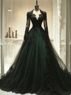 Gothic Black Wedding Dresses Long Sleeve V Neck Lace Applique A-line Bridal Gown