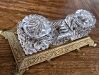 Vintage Double Glass Inkwell Set Brass Tray Art Nouveau Desk Set W Lids
