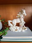 Vintage 1998 Unicorn Porcelain Figurine  Gold Accents  Flower Wreath  Cloud Base