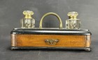 Antique Victorian Desktop Wood   Brass  Double Ink Well Stand
