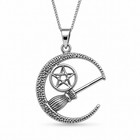 Crescent Moon Besom Pentacle 925 Silver Pendant Wiccan Necklace Boxed
