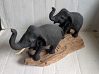 Carved Wood Black Adult   Young Elephants Ornament Sculpture 26 X 13 Cm Vgc