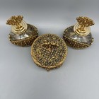 Vtg Art Nouveau 2 Glass Perfume Bottles   Powder Box Ormolu Gold Filigree Cage