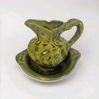 Vintage Cal Style California Pottery Green Pitcher Bowl Set Drip Glazed 1107 Mcm