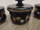 Vintage Black Glass Hand Painted Vanity Set Perfume Bottles And Powder Dish