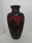 Vintage Chinese Red   Black Cinnabar Lacquer Vase 9  Carved Flowers Blue Enamel