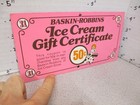Baskin Robbins Ice Cream Certificate 50 Cents 1970s Store Display Sign Hot Pink