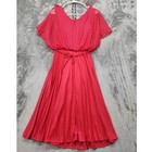 Vintage 70s Dress Womens S Dark Pink Crochet Lace Flutter Sleeve Pleated Midi