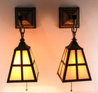 Pair Antique 1910 Arts And Crafts Stained Glass Brass Wall Light Sconces Rewired