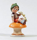 Vintage Ceramic Figurine Boy Pixie Mushroom Toadstool Flute Bird
