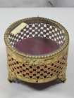 Vtg Round Beveled Glass Lid Gold Tone Filigree Jewelry trinket Box