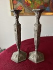 Antique Crescent Silverplate Repousse Pair   2  Candle Sticks Dutch Colonial 12   