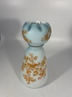 6  Victorian Bristol Handblown Glass Vase Blue Ruffle White Body W flowers