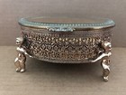 Vintage Jewelry   Casket Box Ormolu Filigree Gold Tone Cherubs Beveled Glass