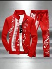 Men s Musical Note Piano Print Red White Tracksuit Set Track Jacket   Pants