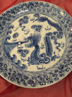 Large Antique 19th Century Qing Dynasty Chinese Blue White Dragon Platter 13 5 