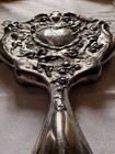 Antique Ornate Cherub Hand Mirror   Vanity Mirror Silver   plate Floral Repouss  