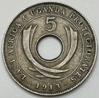 1913-h East Africa Uganda 5 Cents Key Date 300 000 Mint King George V Choice Xf 