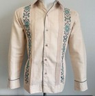 Men s Mexican Guayabera Shirt Khaki Brown Long Sleeve   Mint Green Embroidery