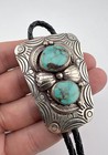 Vintage Navajo Nickel Silver High Grade Kingman Turquoise Stamped Bolo Tie 2 25 