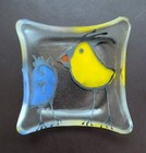 Vintage Set Of 2 Hand Painted Colorful Birds Glass Dish Folk Art 1970s