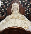 1940 s Antique Satin Ivory Wedding Gown Dress Beaded Neckline Sz  Small Stunning