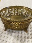 Glass Vtg  Jewel Box Beveled Glass Gold Ormolu Filigree Footed Victorian Dresser