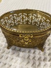 Vtg Glass Jewel Box Beveled Glass Gold Ormolu Filigree Footed Victorian Dresser