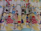 1950 s Retro Kitchen Valances  Home Ec  Women Working In Aprons In Kitchen  Aqua