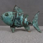 Fish Folk Art Articulated Metal Fins Rustic Fishing Man Cave Brutalist Teal